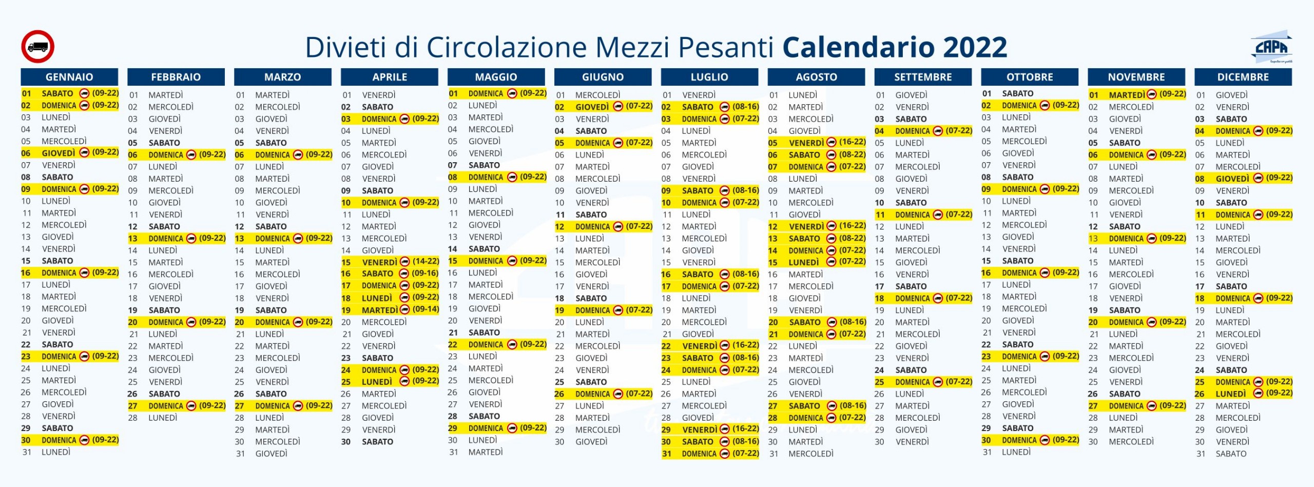 Calendario Divieti 2022 Divieto circolazione mezzi pesanti
