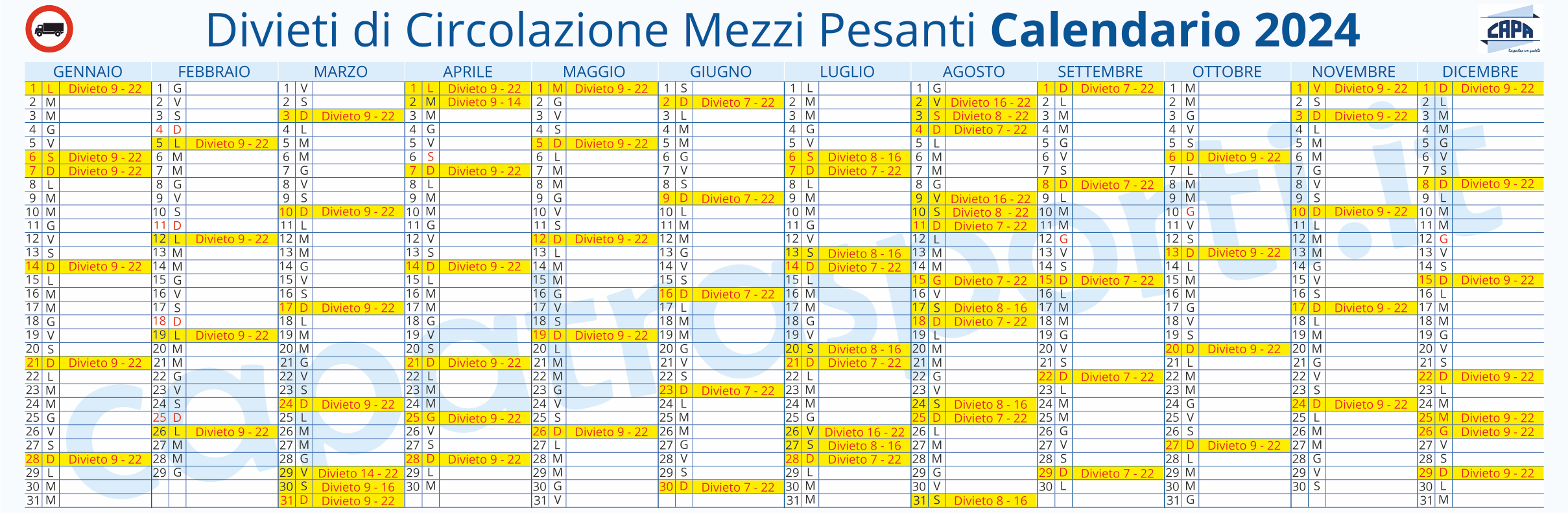 Calendario Divieti 2023 Divieto circolazione mezzi pesanti